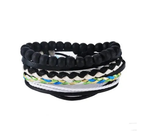 Hand-woven leather bracelet with wooden beads and adjustable design for vintage punk style
