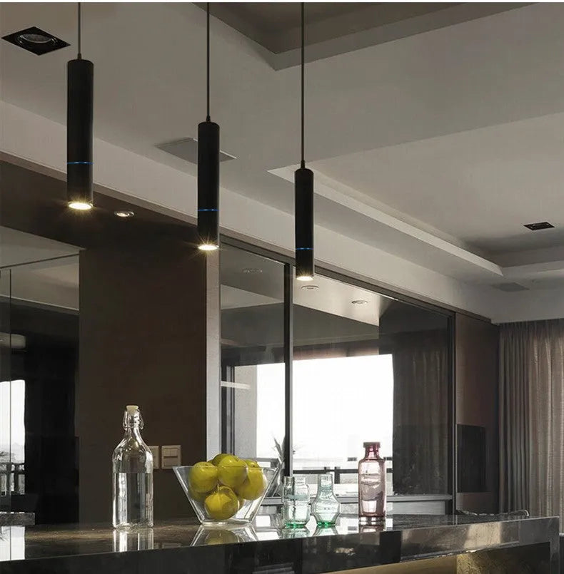 LED chandelier macaron spotlight in black with aluminium body, 60mm diameter, 300mm height, fixed ceiling mount