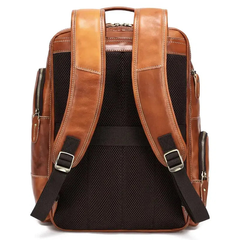 Bronze real leather backpack with laptop pocket and structured design for business use