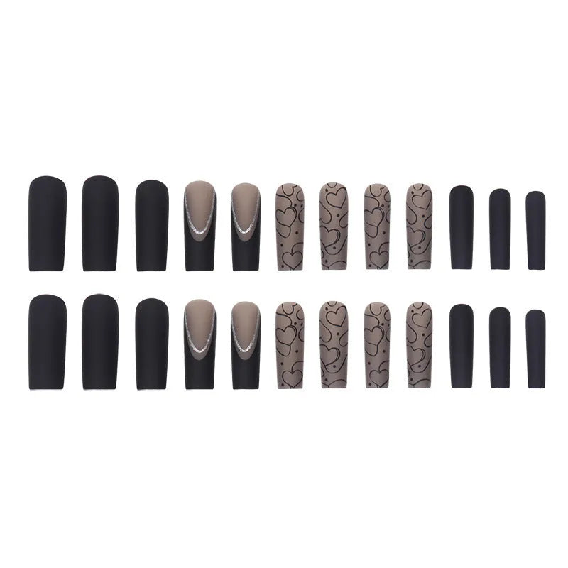Black matte press-on nails in SGCY-98, long wearable nail tips, 24-piece set with glue