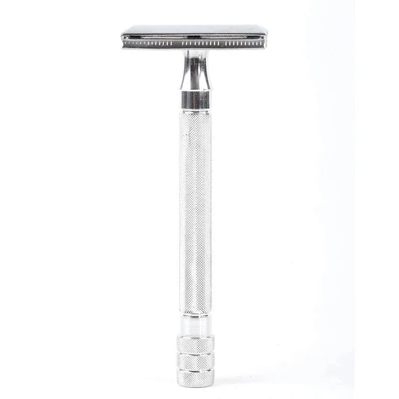 Traditional manual beard shaver with metal scraper and wooden brush grooming kit