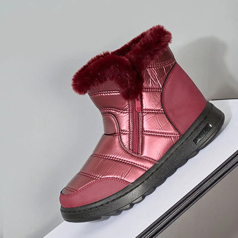 Winter high top snow boots with side zipper, fur upper, plush lining, and polyurethane sole in black