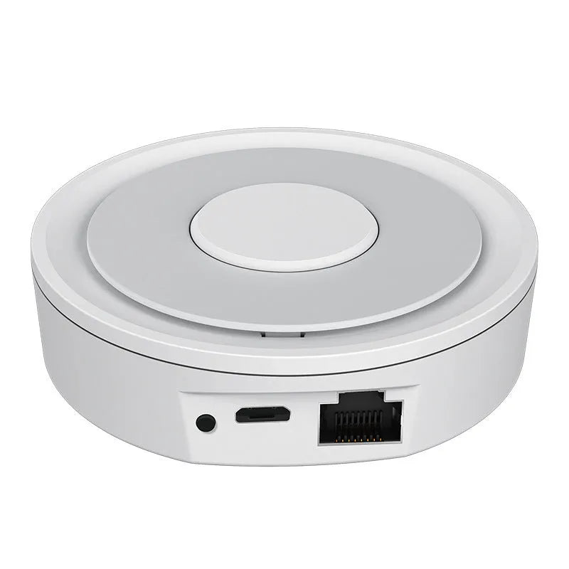 White ZigBee smart home gateway measuring 78mm with USB power for 55m device control