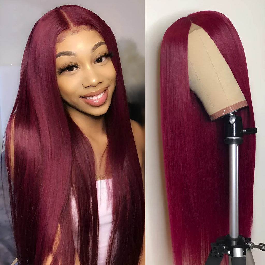 Wine red mid-length straight wig, approximately 70cm and 230g, with adjustable button net