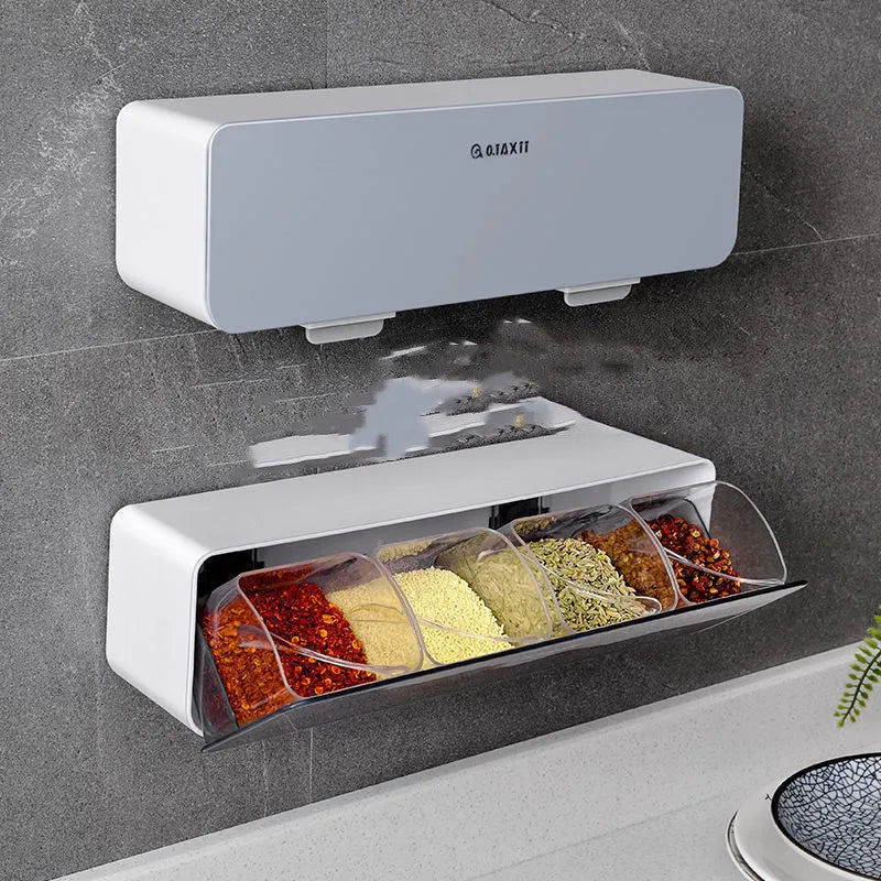 Plastic spice box set with spoon in blue, pink, grey, apricot or transparent moisture-proof and wall-mounted options