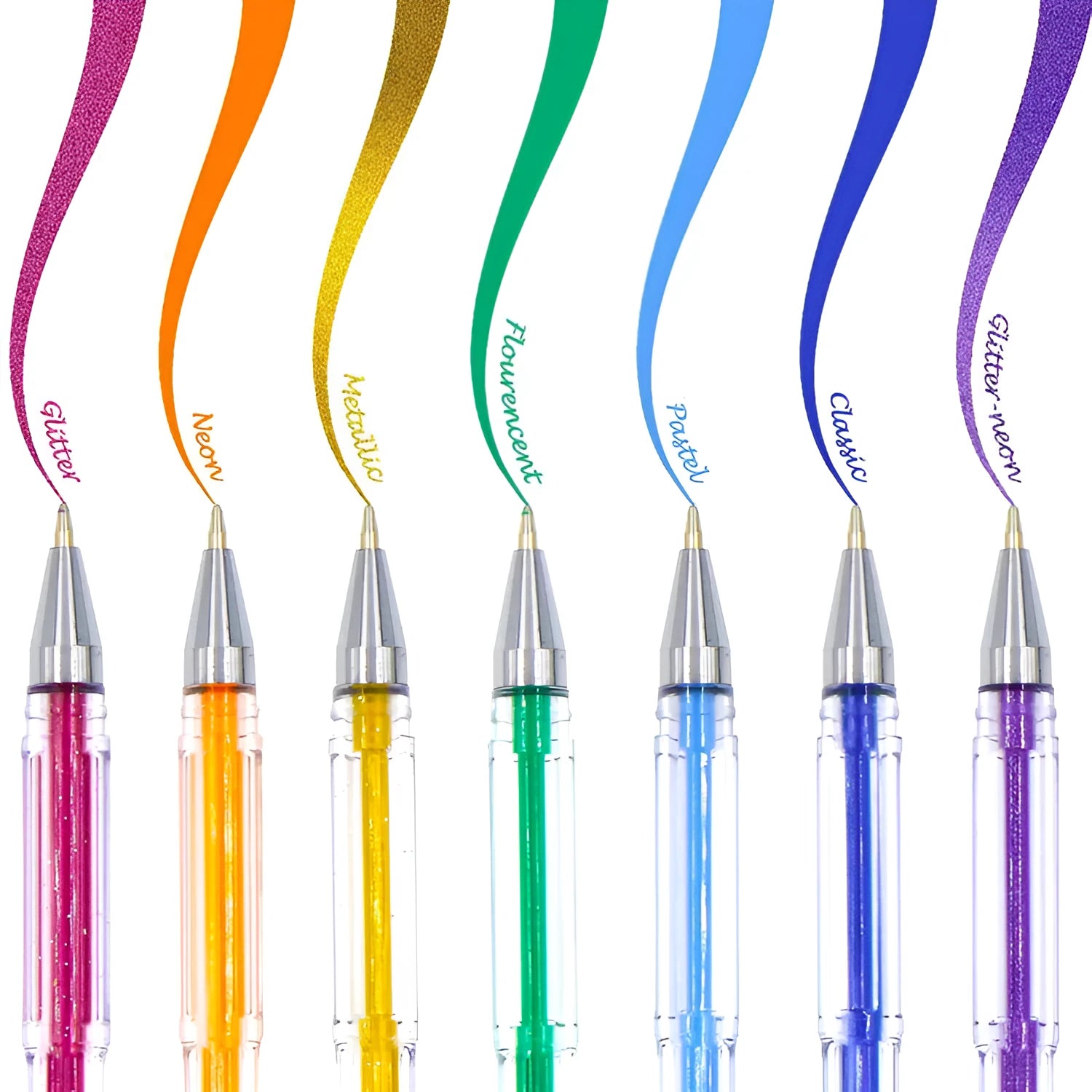 100-colour gel pen set showing assorted colours with watercolour and highlighter tip options