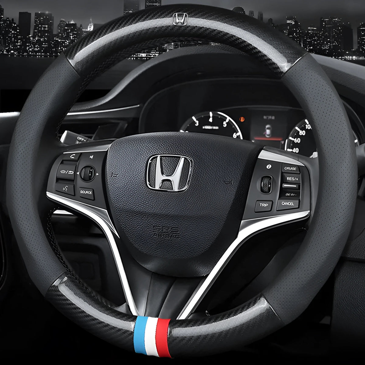 Universal 38cm leather carbon fiber steering wheel cover in mirror black with belt hole and tricolor mark.
