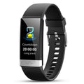 V19 smart fitness bracelet in black, showing display with health metrics on a wrist.