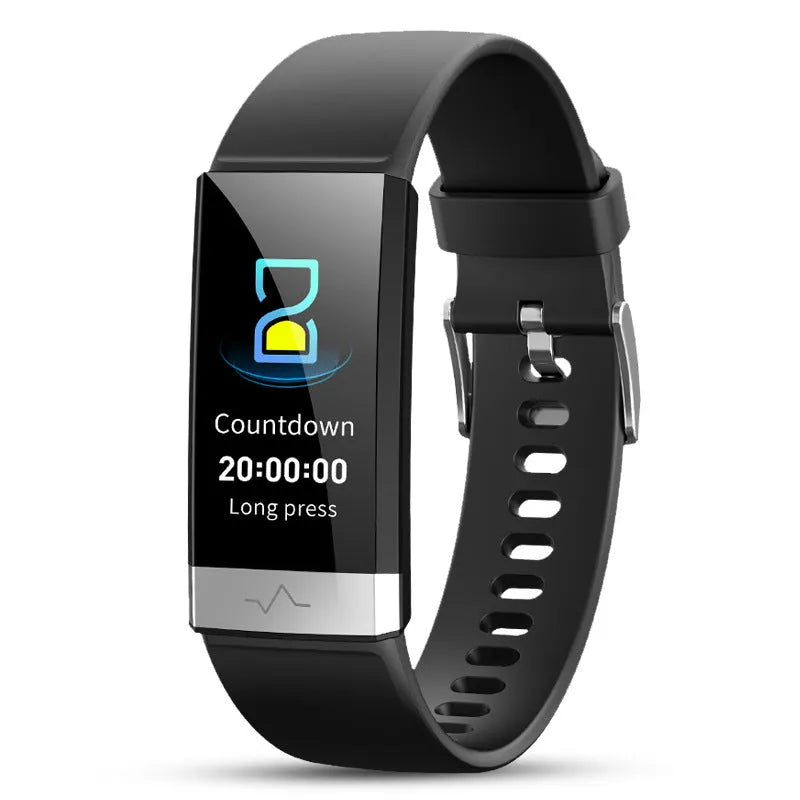 V19 smart fitness bracelet in black, showing display with health metrics on a wrist.