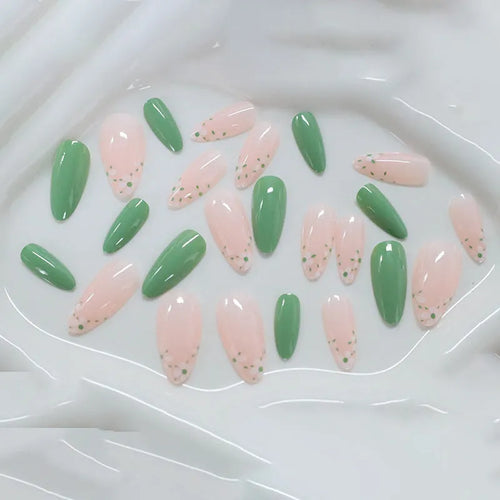 Long almond artificial nails with white little flower pattern and jelly glue rub in CW680 colour classification