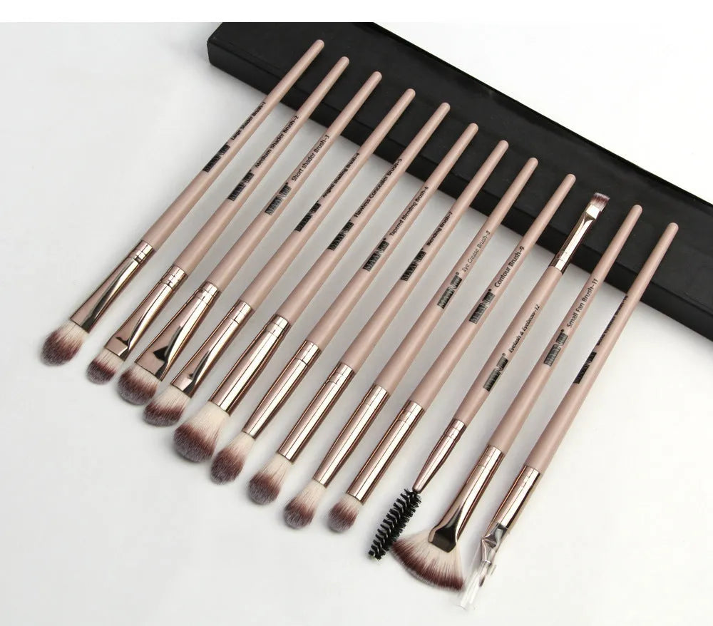 12 piece eye makeup brush set with nylon bristles and portable plastic handles in six colour options