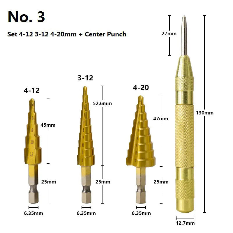 High speed steel cone step drill bits and a centre punch tool set for metal drilling.