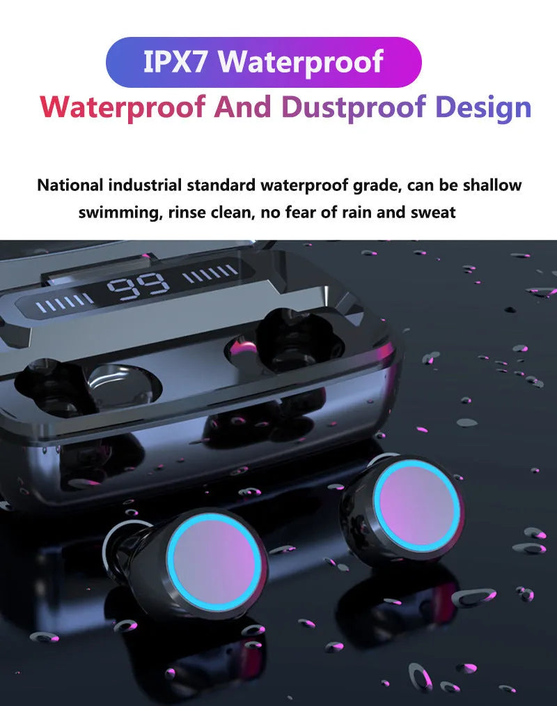 Black M11 style wireless Bluetooth headset with IPX7 waterproof rating and charging case featuring a phone holder.