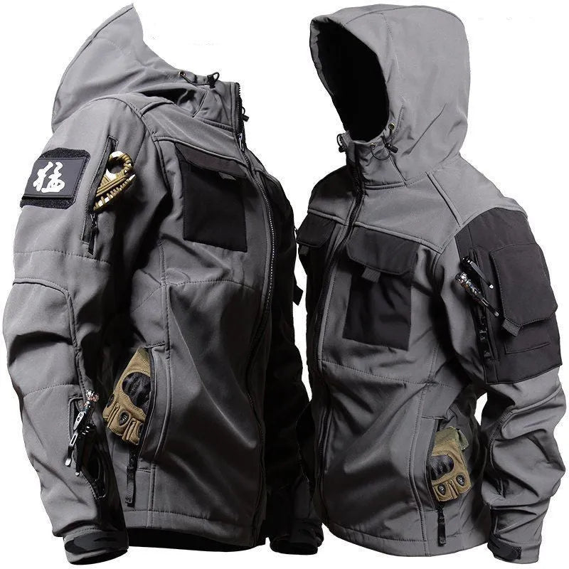 Men's grey corduroy fleece jacket and black tactical pants set for autumn winter regular fit
