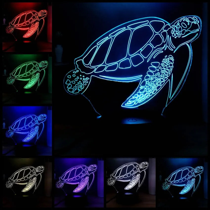 3D green turtle shaped LED night light on a table, showing multi-colour glow from its acrylic shell.
