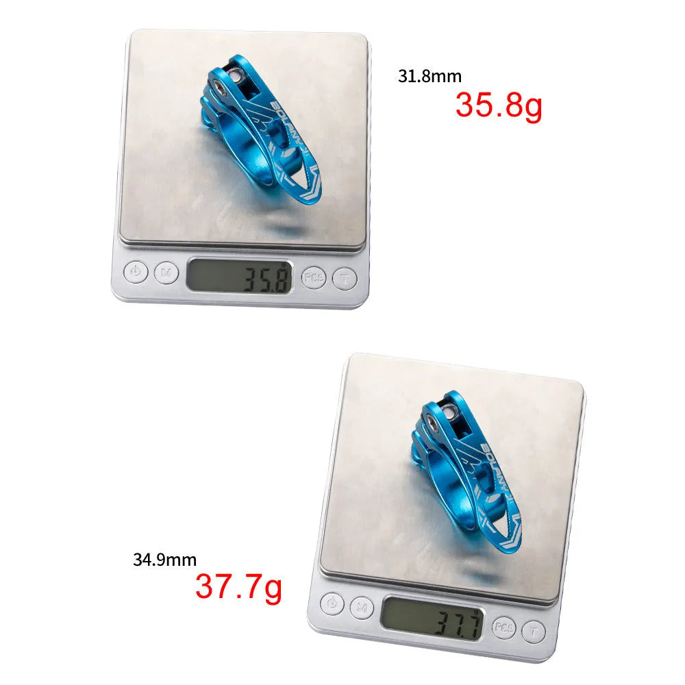 Aluminium alloy mountain bicycle seat post clamp accessory in black, blue, gold, or red colour.