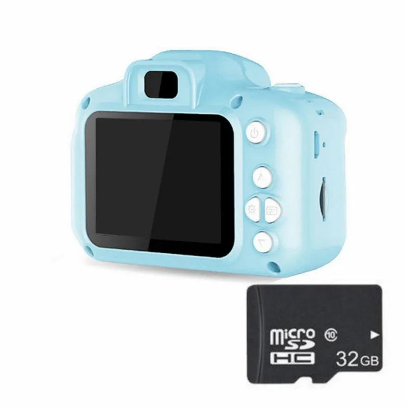 Children's HD digital waterproof camera with 2.3 inch screen and 800W pixel sensor, shown in blue, green, and pink