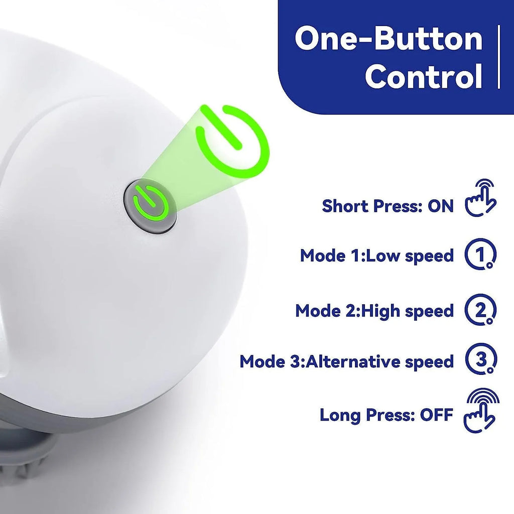 Blue handheld electric pet massager with four rotating soft heads on a white background