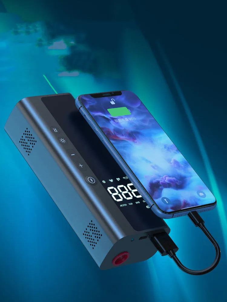 Portable wireless car air pump 165x65x45mm with digital display, 60W motor, and USB charging cable