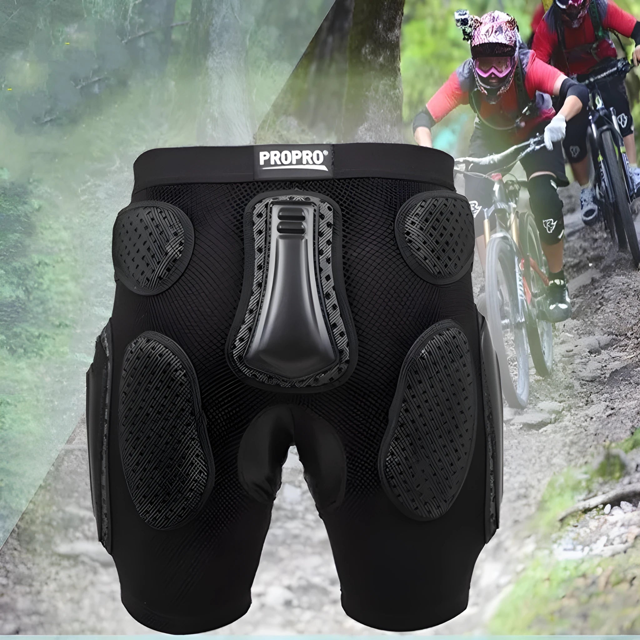 Black cycling hip protection pants showing hip pad placement, labelled with available sizes S, M, L, XL.