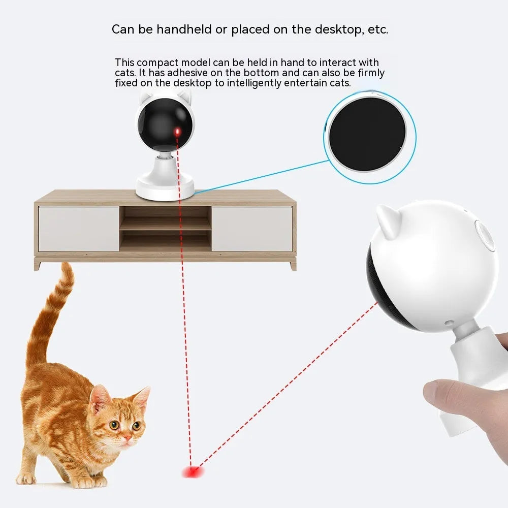 White smart laser cat teaser toy with USB charging on a floor, made of ABS plastic