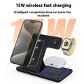 15W 3 in 1 foldable wireless charger stand in white or black with Type-C and dual coil, for phone, iWatch and AirPods Pro.