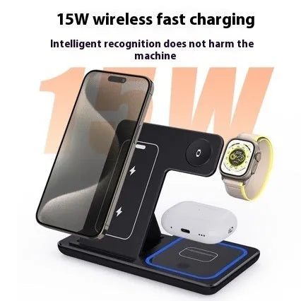 15W 3 in 1 foldable wireless charger stand in white or black with Type-C and dual coil, for phone, iWatch and AirPods Pro.