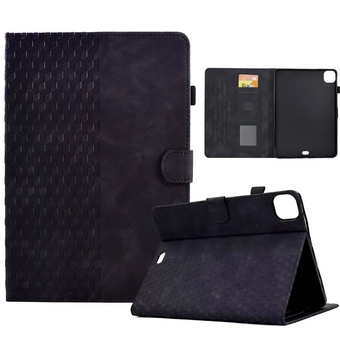 Leather iPad case with card holder showing diamond pattern in black colour