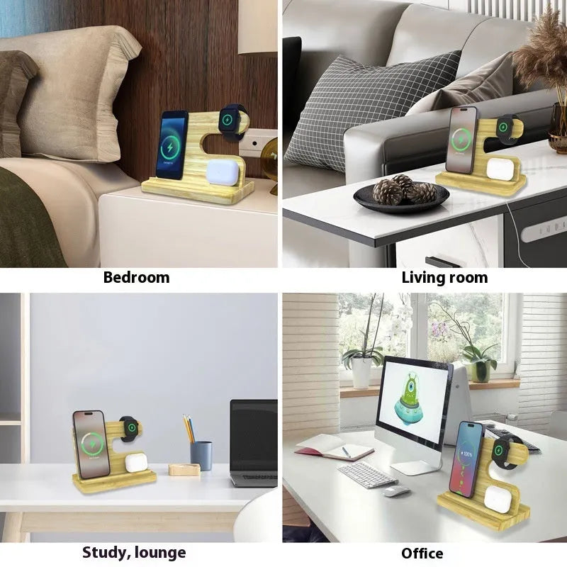 Bamboo three-in-one wireless charger bracket in wheat colour with devices on stand