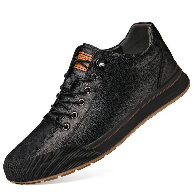 Men's white breathable leather shoes with round toe and flat heel in matte finish