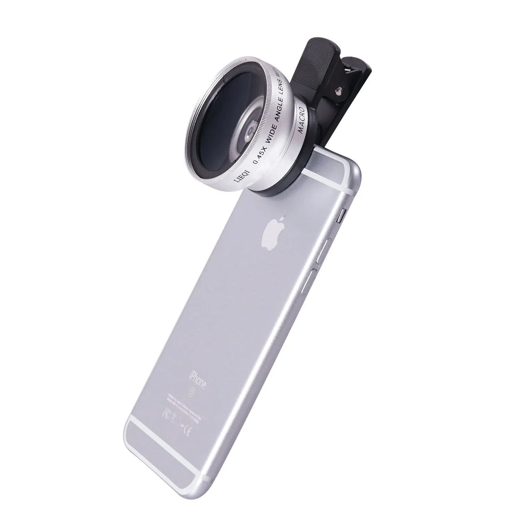 LIEQI smartphone camera lens kit with 0.45X wide-angle and macro lenses in metal housing