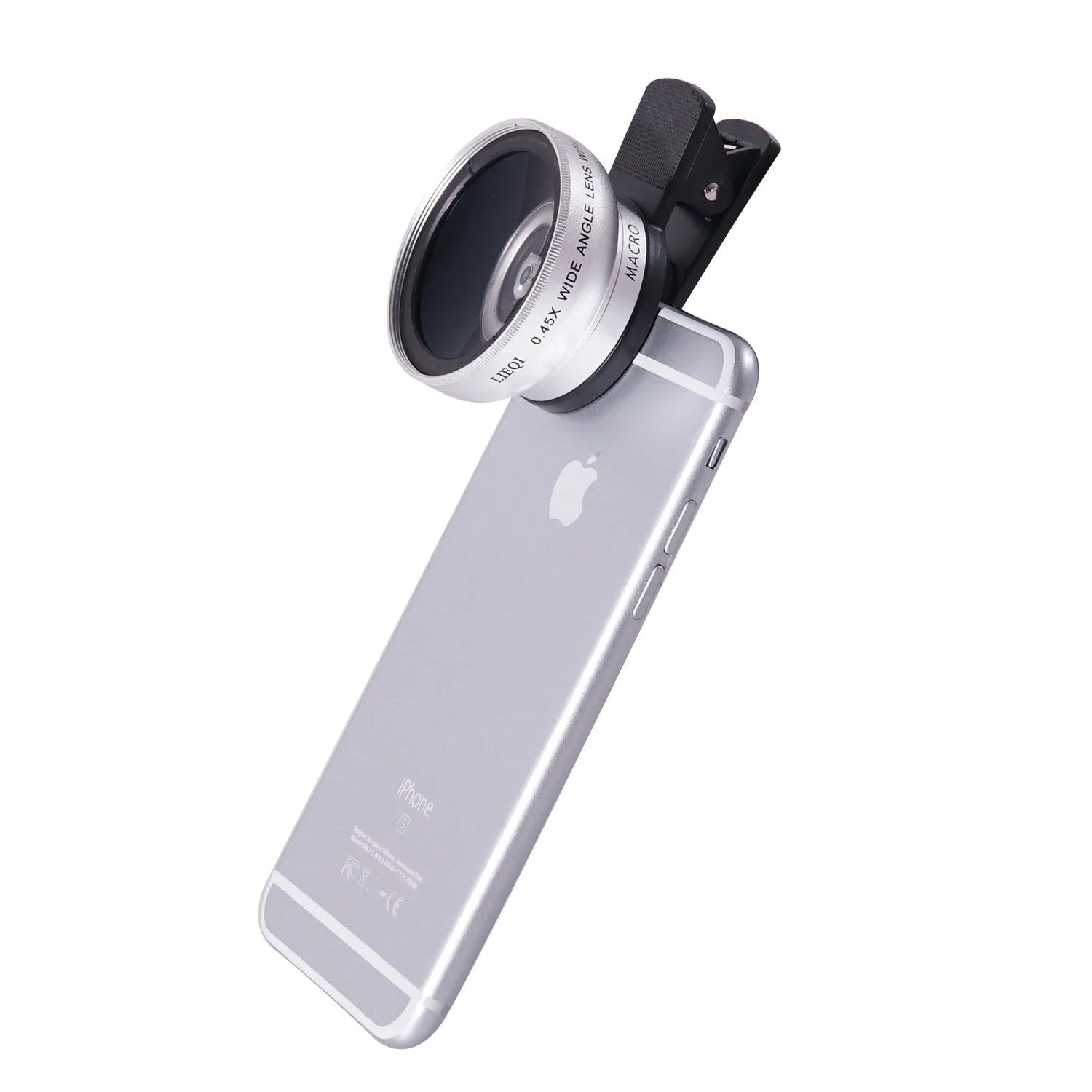 LIEQI smartphone camera lens kit with 0.45X wide-angle and macro lenses in metal housing