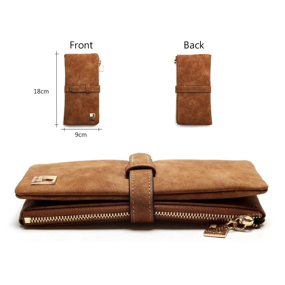 Army green retro matte PU leather long bifold women's wallet with zip closure open to show card slots and phone pocket.