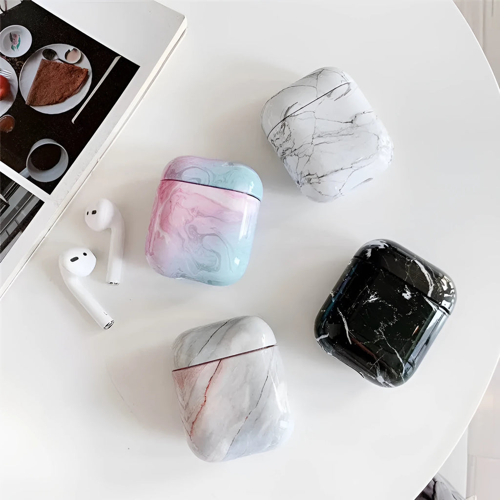 White marble pattern hard PC protective cover for Apple AirPods charging case.