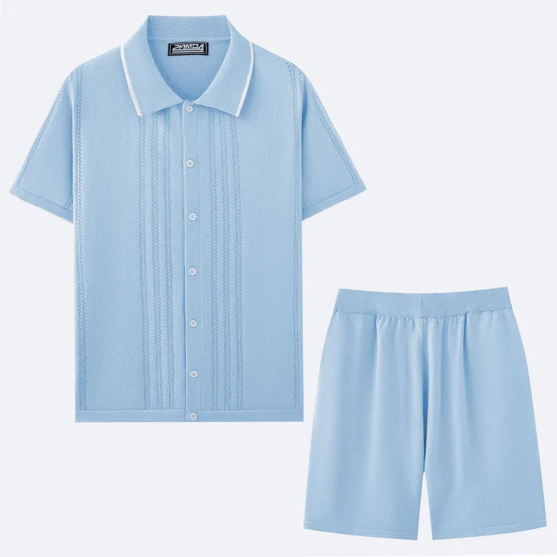 European and American business casual two-piece set in khaki, dark blue, black, light blue, grey, and wine red featuring short sleeve knit top and shorts.