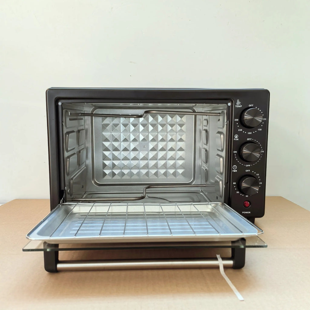 12L household electric oven in black with double-layer interior and mechanical dials, galvanised steel body