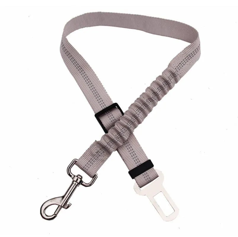 Black adjustable dog seat belt with reflective safety rope attached to car seat belt buckle, polyester webbing and alloy joint visible