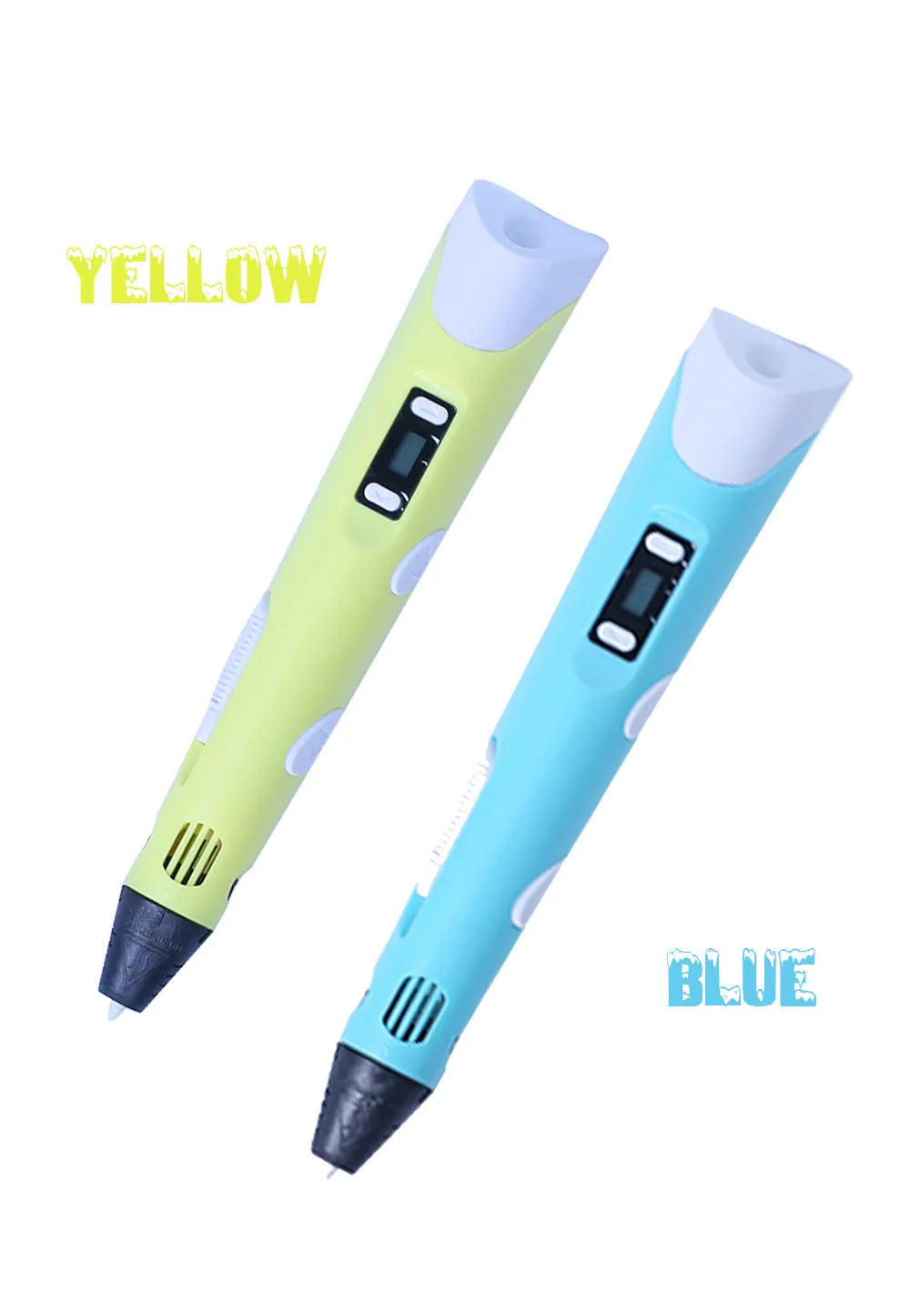 Yellow 3D printing pen with PLA filament spool on a white surface, showing nozzle and controls