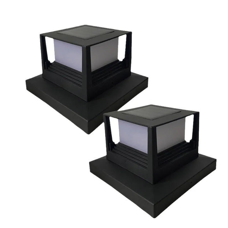 Outdoor solar pillar lamp, IP44, 160mm x 160mm x 110mm, abstract design, available in Black or White for courtyard and garden use.