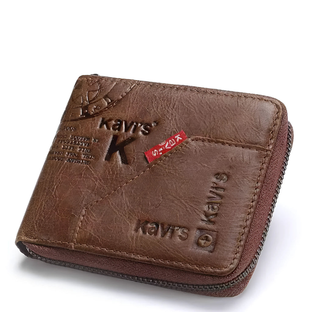 Soft genuine leather men's wallet with zipper closure showing internal compartments in coffee colour