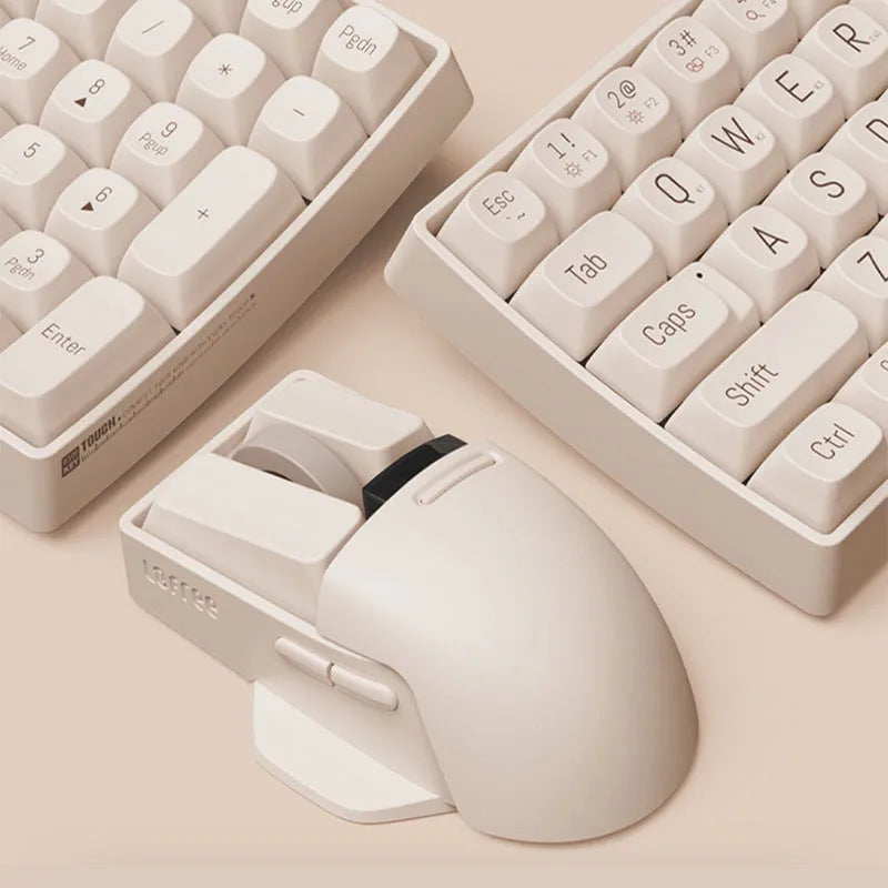 Tofu colour ergonomic wireless mouse shown with USB receiver and USB-C charging cable on a desk.