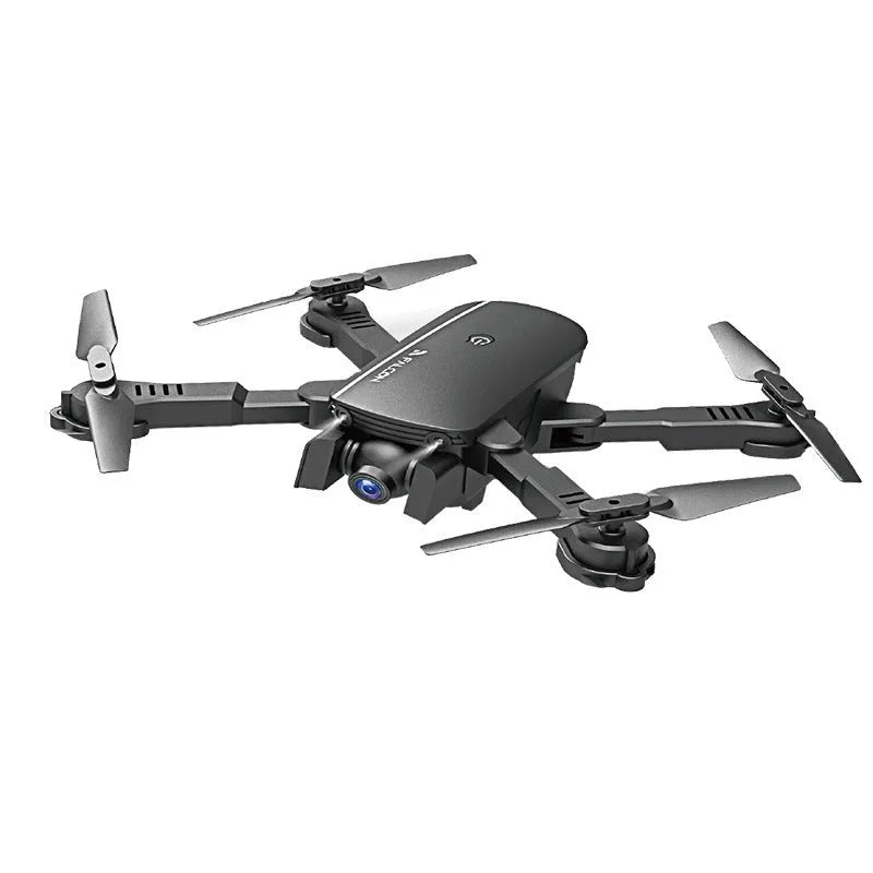 Black 4K HD quadcopter drone with plastic body, 30cm size, shown from side angle