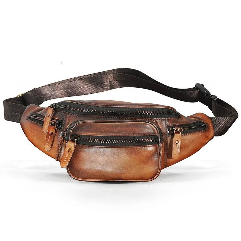 Retro brown leather messenger bag with a single shoulder strap shown open.