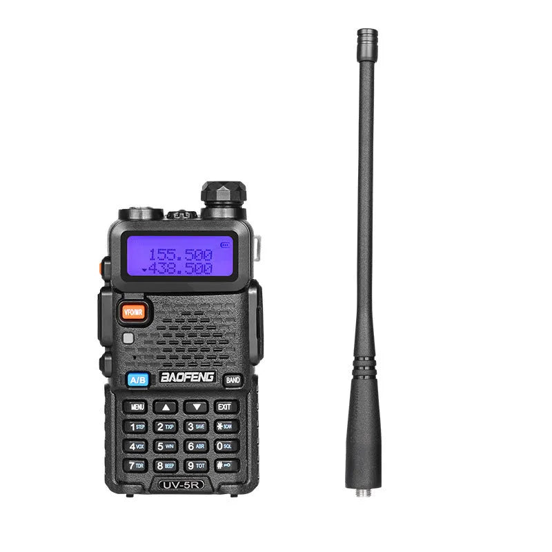 Compact black walkie talkie with LCD display, shown with its antenna extended.