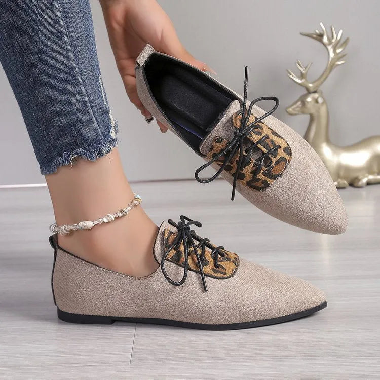 Beige leopard print pointed toe court shoes for women in plus sizes with artificial PU uppers and rubber soles