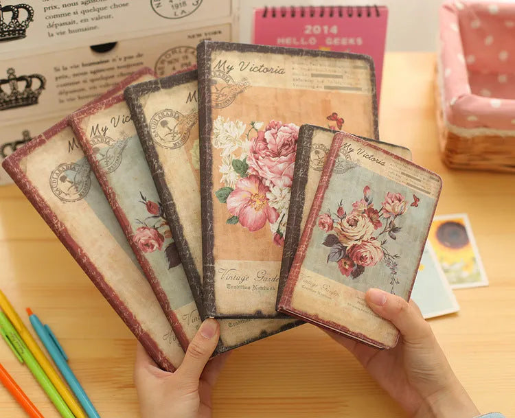 Retro hardcover notebook diary with cloth cover, antique flower pattern, 25K and 50K sizes, 96 sheets