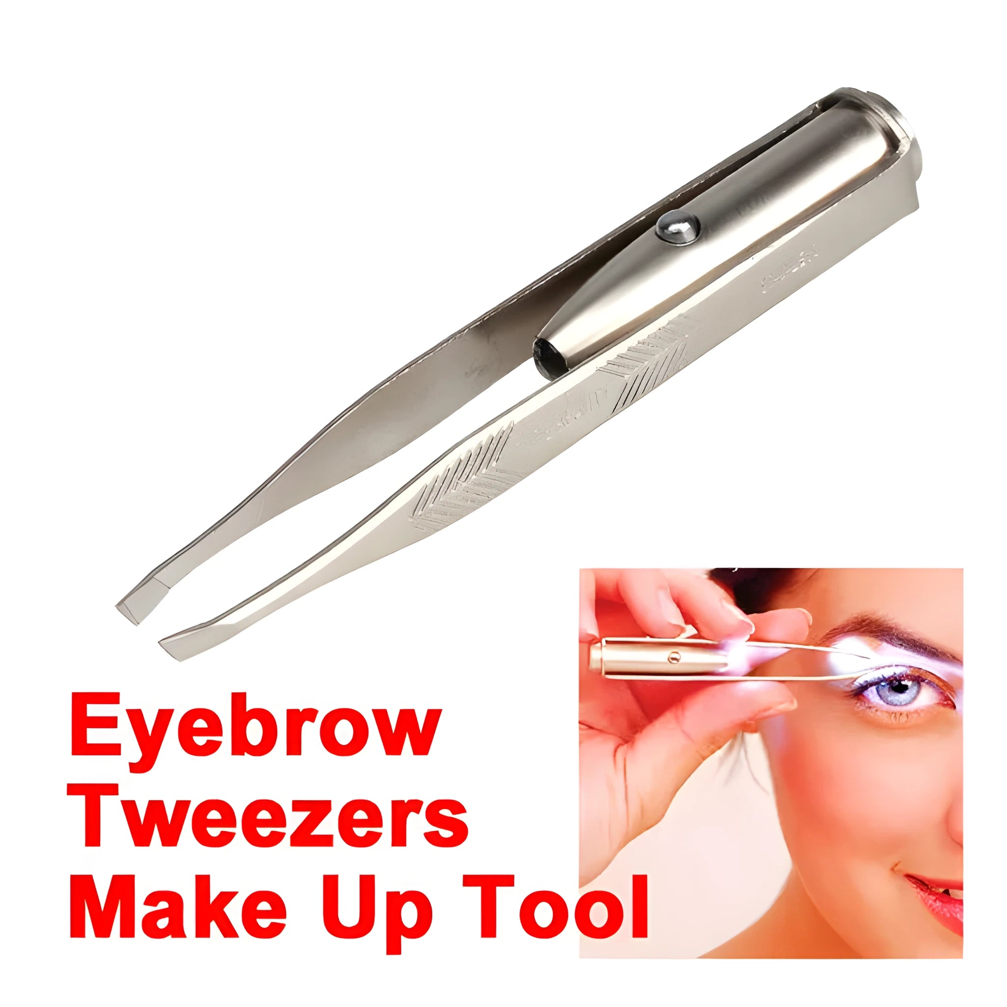Stainless steel LED lighted tweezer with push-button switch for eyebrow grooming, measuring 83mm in length