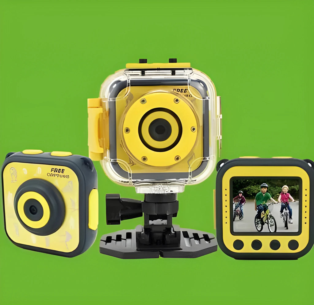 Yellow waterproof children's sports camera with 1.77-inch screen showing HD video recording capability