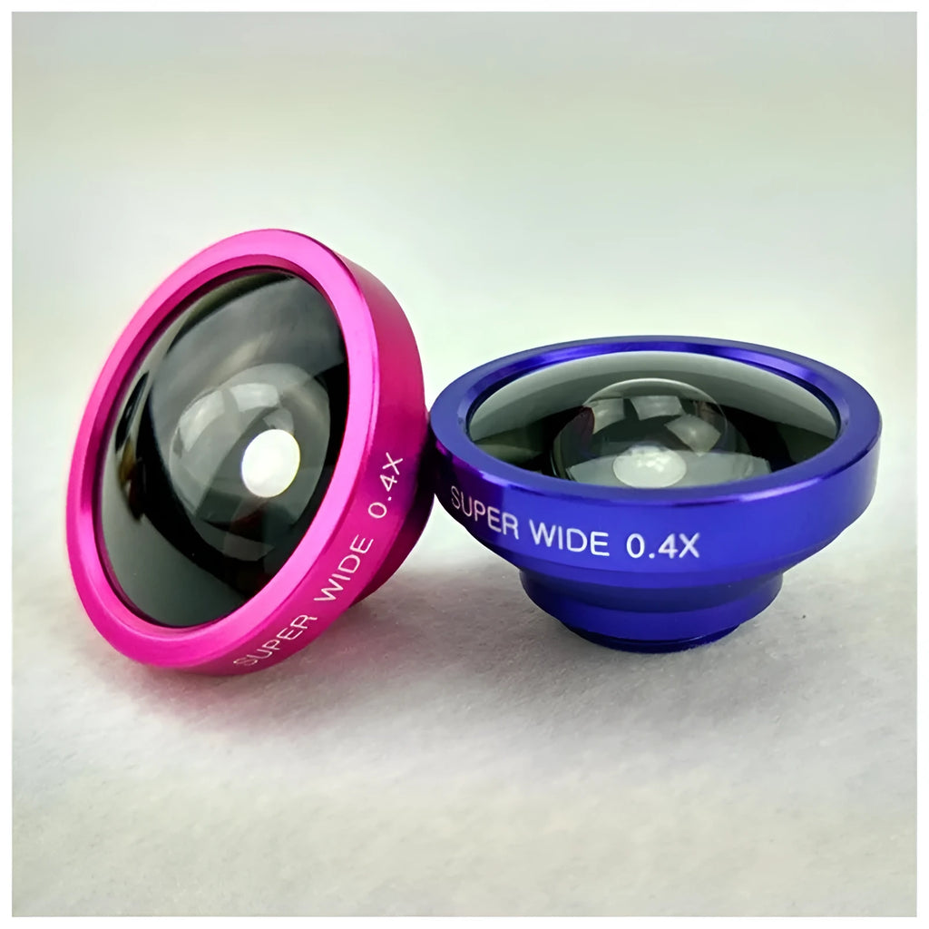 Black 3-in-1 smartphone camera lens kit with fisheye, wide-angle, and macro lenses and a universal mounting clip.