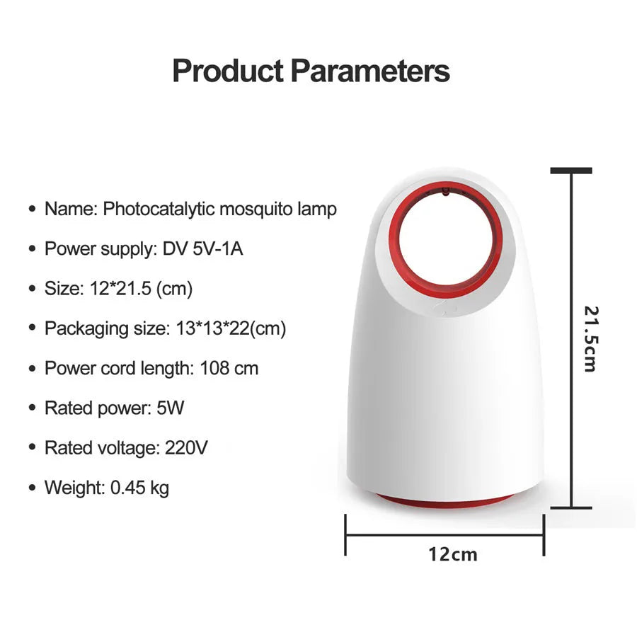 Black and white silent USB mosquito killer with compact 12x12x21.5cm dimensions